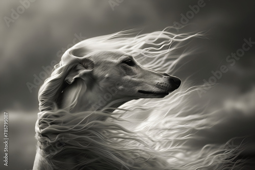saluki dog with its hair blowing in the wind