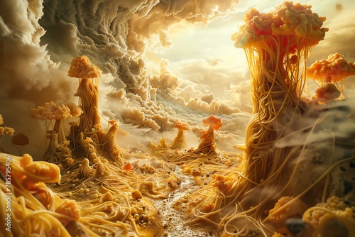 In a surreal landscape, spaghetti strands metamorphose into an ensemble of beings, each with its own narrative