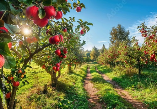Apple orchard in autumn green grass, beautiful scenery, green nature
