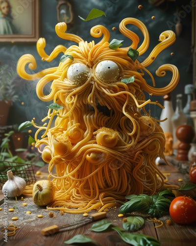In a surreal setting, spaghetti strands take on the guise of numerous beings, each with its own story