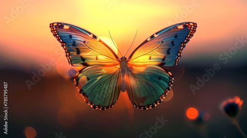 Silhouette of a butterfly on a grass in sun light. AI Generative