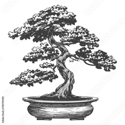 bonsai tree images using Old engraving style body black color only