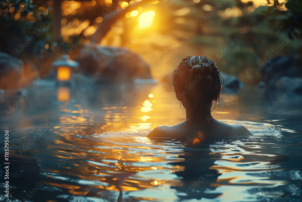 A woman contemplates the setting sun from an onsen surrounded by rocks and vegetation, with the sunlight reflecting off the water and creating a mystical atmosphere. Healing ritual for body and mind. A woman contemplates the setting sun from an onsen surrounded by rocks and vegetation, with the sunlight reflecting off the water and creating a mystical atmosphere. Healing ritual for body and mind.