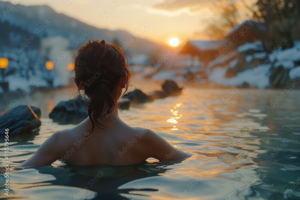 A woman basks in the setting sun's warm glow while soaking in a steaming hot spring during winter. A woman basks in the setting sun's warm glow while soaking in a steaming hot spring during winter.