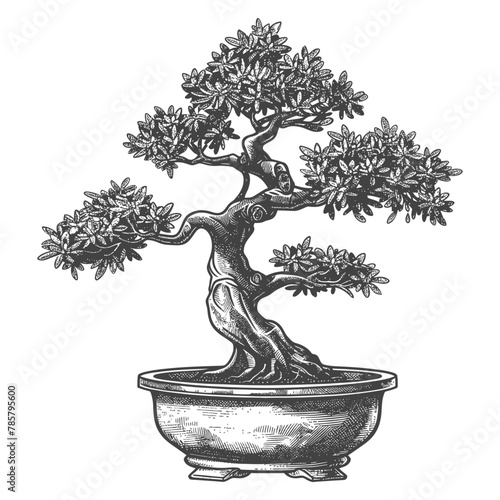 bonsai tree images using Old engraving style body black color only