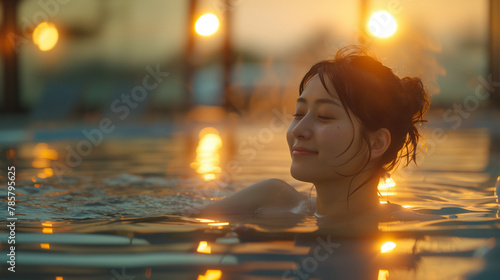 A Japanese woman enjoys the tranquility and steam of an onsen, surrounded by a peaceful garden, offering a perfect retreat for the mind and body. © SnapVault