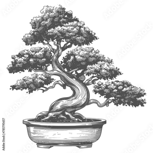 bonsai tree images using Old engraving style body black color only