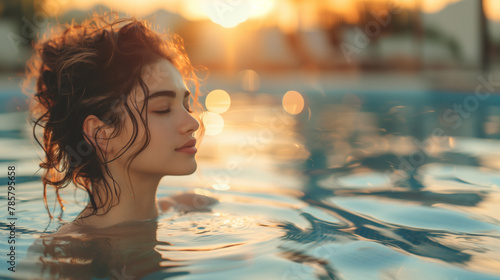 A young Latina woman enjoys the last rays of the sun while relaxing in a hot spring bath at a spa on her vacation. Moments of healing ritual for body and mind.