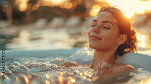 A young woman enjoys the last rays of sunshine as she relaxes while taking a bubble bath in a spa on vacation. moments of healing ritual for body and mind. photo