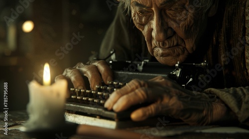 In a dimly lit room a figure hunched over a typewriter lost in thought. The glow of a flickering candle illuminates their wrinkled face and furrowed brow as they meticulously craft .