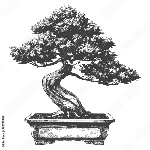 bonsai tree images using Old engraving style body black color only