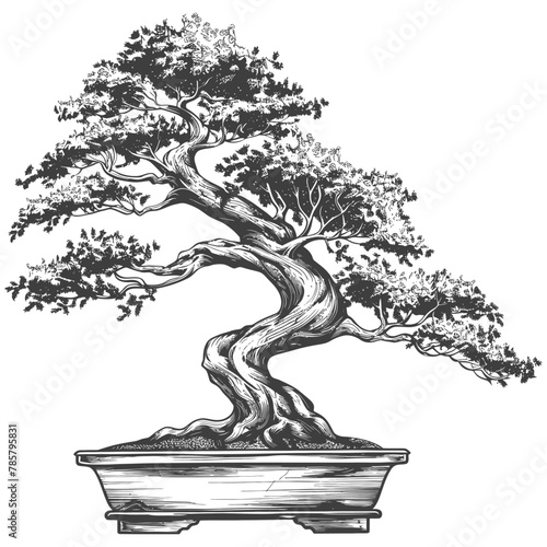 bonsai tree images using Old engraving style body black color only