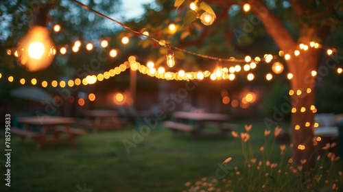 Soft orbs of glowing string lights cast a warm haze over the scene framing a relaxed backyard barbecue where rows of lawn chairs and picnic tables blend into a dreamy blur. .