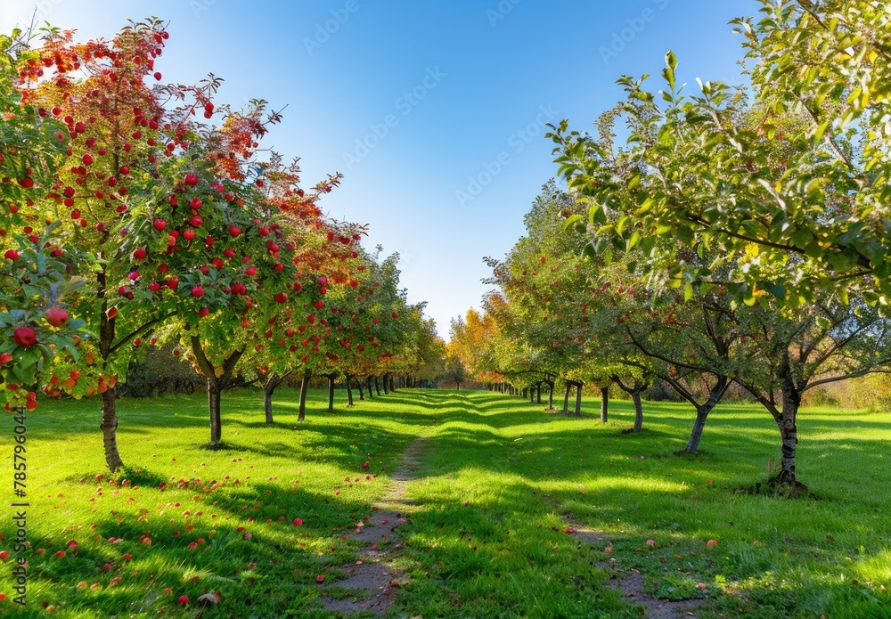 Naklejka premium Apple orchard in autumn green grass, beautiful scenery, green nature