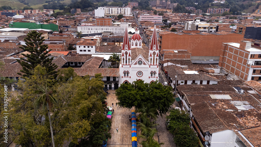 Fototapeta premium La Ceja, Antioquia - Colombia. March 9, 2024. Drone view of the basilica of Catholic worship