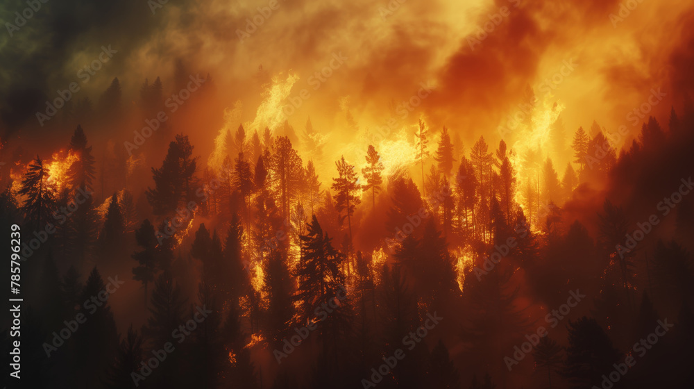 A forest fire is raging through a wooded area, with trees and brush burning in the distance. The sky is hazy
