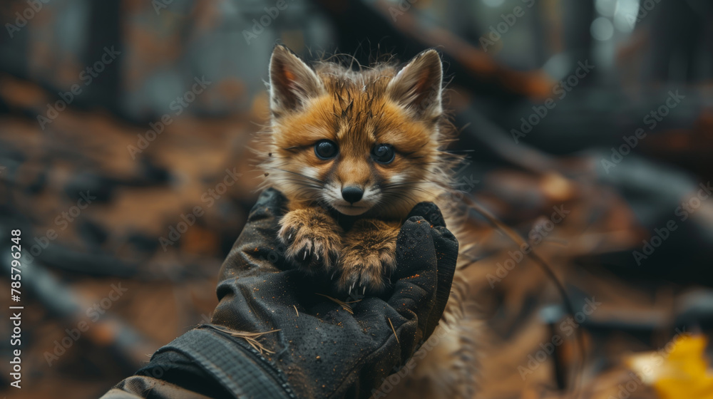 Naklejka premium A firefighter holds a fox cub in his arms in the forest. The fox cub is small and cute, and the man is wearing gloves