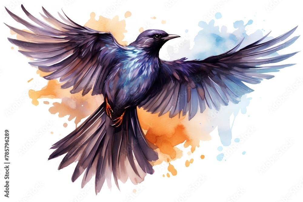 Obraz premium Hand drawn watercolor illustration of a flying bird. Isolated on white background.