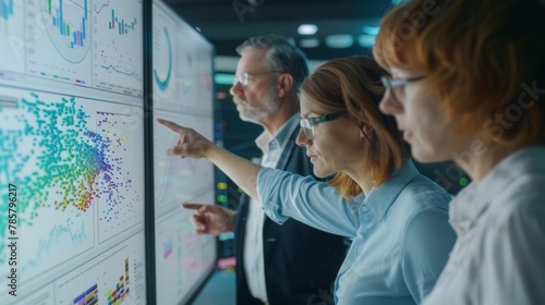 A midshot of a team of data ysts gathered around a large monitor actively discussing and pointing to different visual representations of their findings. . photo