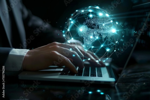 businessman using laptop with glowing global network hologram representing digital innovation