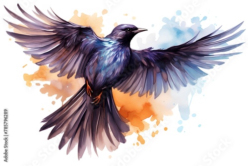 Hand drawn watercolor illustration of a flying bird. Isolated on white background.