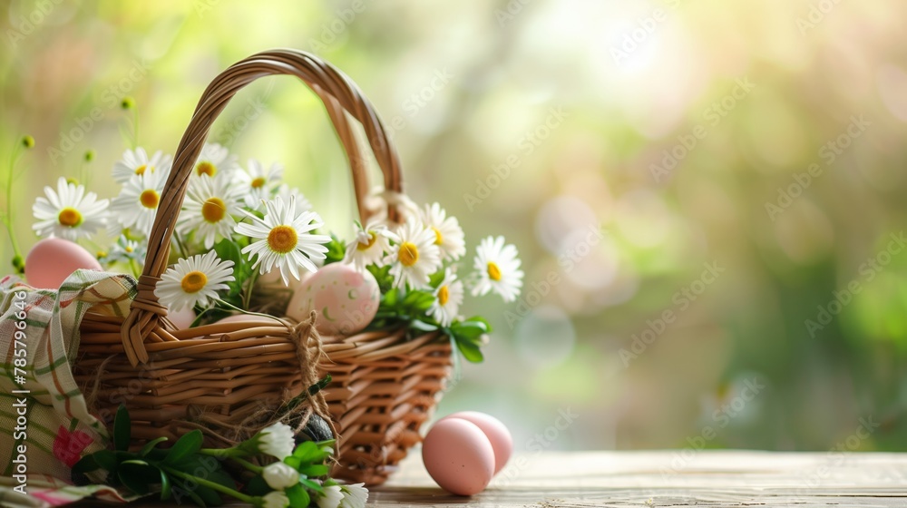 Easter Basket with Daisies and Pastel Eggs