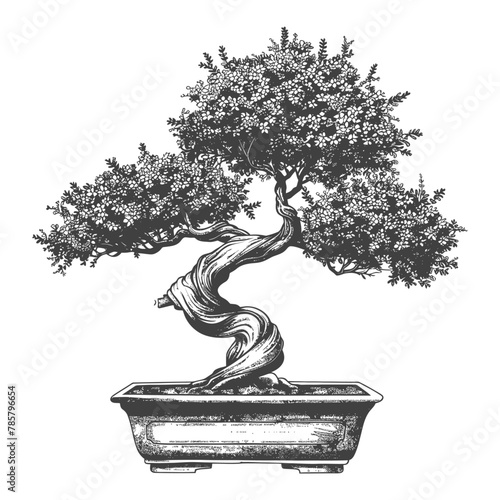 bonsai tree images using Old engraving style body black color only