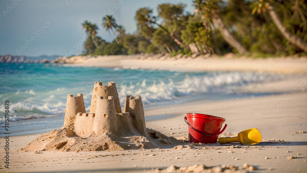 Sand Castle on the Beach: Tranquility and Tropical Beauty with Colorful Toys. Sand Castle on the Beach: Tranquility and Tropical Beauty with Colorful Toys.