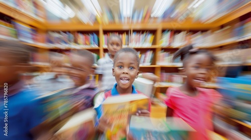 A blurred background featuring a multicultural group of children happily flipping through pages of books symbolizing the power of Education for All and the thirst for knowledge. . photo