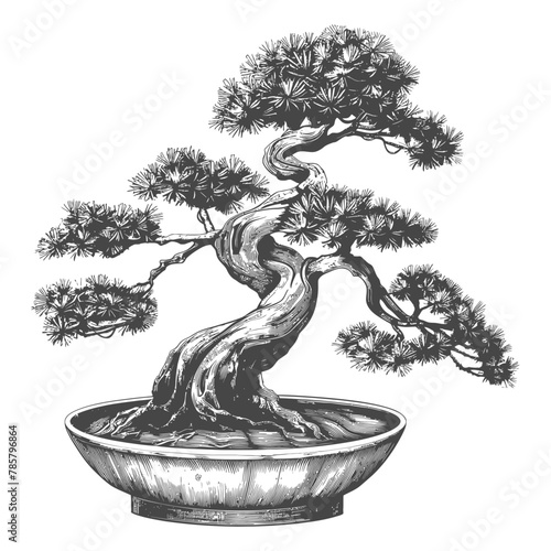 bonsai tree images using Old engraving style body black color only