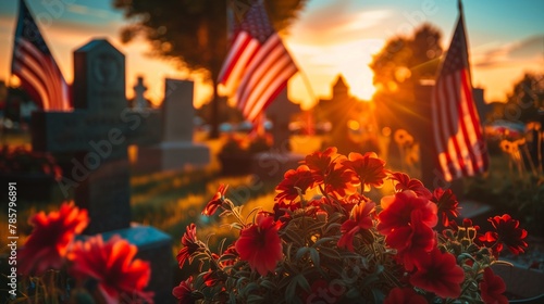 A cemetary where soldiers who died in the war are buried under the them of America's Memorial Day on May 27.Every grave has an American flag and colourful flowers are planted around the graves