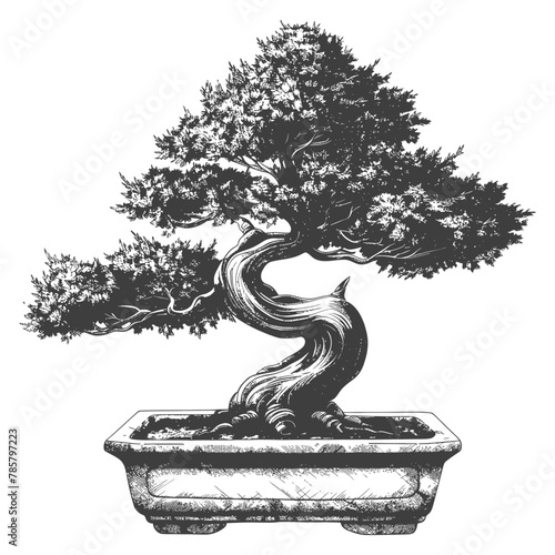 bonsai tree images using Old engraving style body black color only