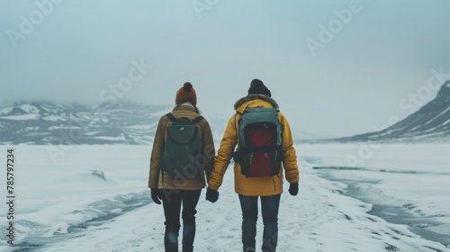 Two figures walk hand in hand backs turned to the viewer as they journey through the icy landscape with determination and wonder. . .