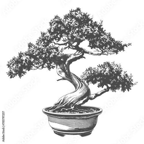 bonsai tree images using Old engraving style body black color only