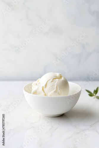 Vanilla ice cream served in a simple white bowl on a marble surface with neutral background