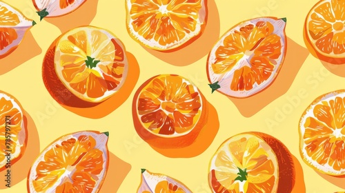 Cheerful modern art style featuring vivid ripe oranges repeating in vibrant citrus pattern over sunny yellow background.