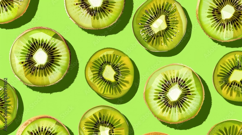 Fototapeta premium Striking pop art kiwi motif explodes rhythmically with ripe tangy allure over bright lime green ground in bold graphic display.