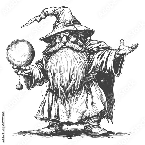 dwarf mage with magical orb full body images using Old engraving style body black color only