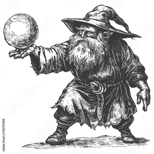dwarf mage with magical orb full body images using Old engraving style body black color only