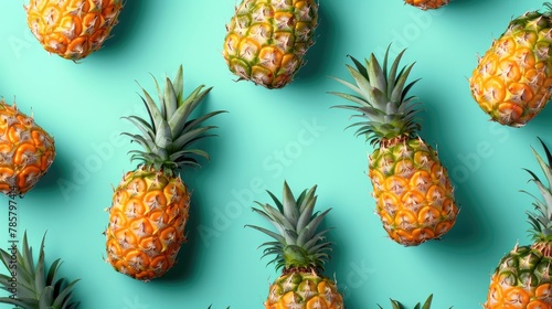 Succulent pineapple shapes form striking tropical pattern across turquoise field exhibited through clean minimalist artistry with bold graphic flair.