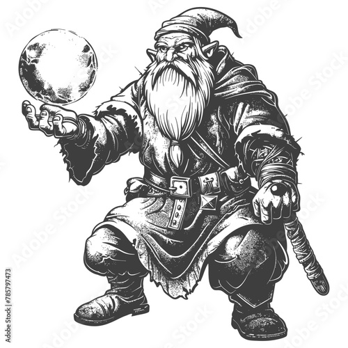 dwarf mage with magical orb full body images using Old engraving style body black color only