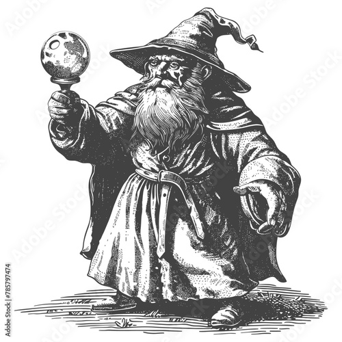 dwarf mage with magical orb full body images using Old engraving style body black color only