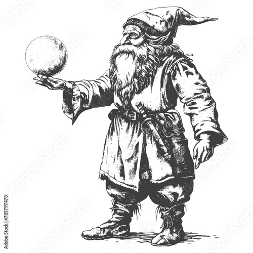 dwarf mage with magical orb full body images using Old engraving style body black color only