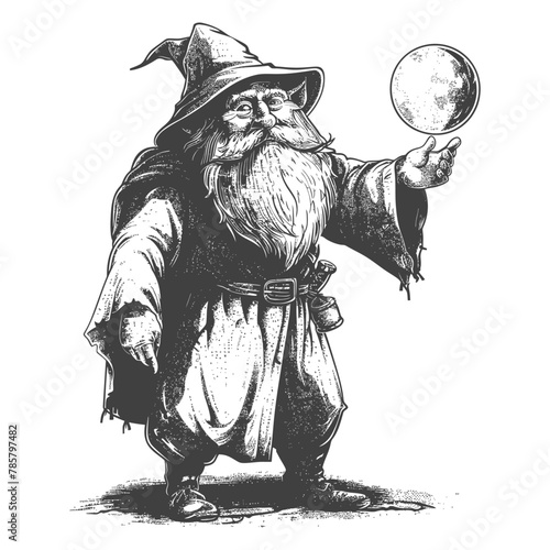 dwarf mage with magical orb full body images using Old engraving style body black color only