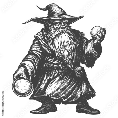 dwarf mage with magical orb full body images using Old engraving style body black color only