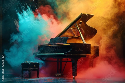 colorful abstract dust explosion behind elegant grand piano world music day banner #785797494
