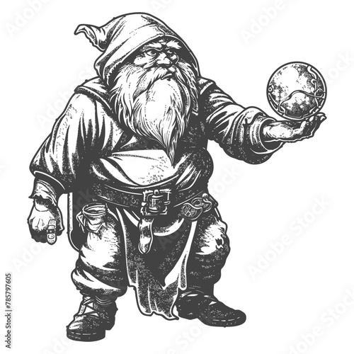 dwarf mage with magical orb full body images using Old engraving style body black color only
