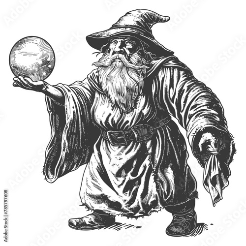 dwarf mage with magical orb full body images using Old engraving style body black color only