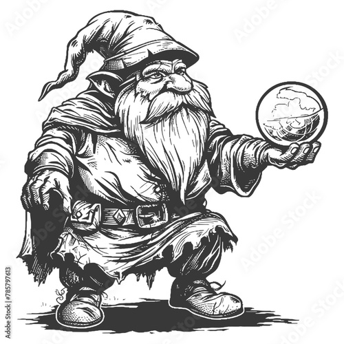 dwarf mage with magical orb full body images using Old engraving style body black color only