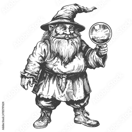 dwarf mage with magical orb full body images using Old engraving style body black color only
